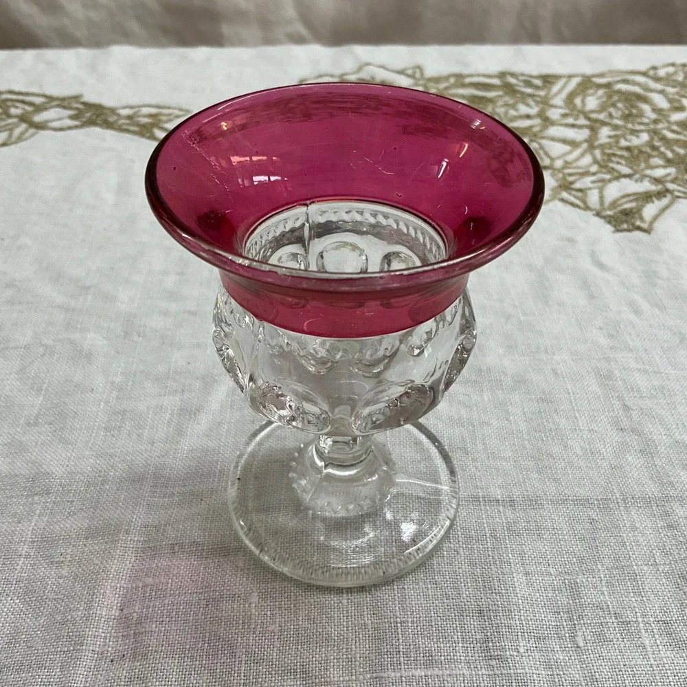 Vintage Cranberry Kings Crown Indiana Glass Cordial Liqueur Glasses Thumbprint 4